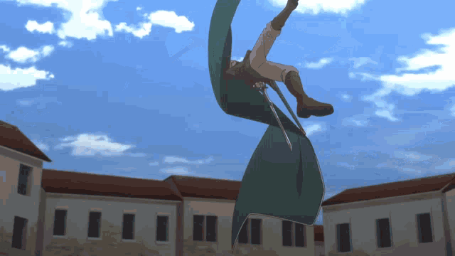 a man is flying through the air with a sword