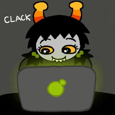 a cartoon of a girl with horns sitting in front of a laptop with the words clack clack clack written above her