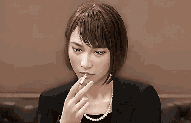 a woman smoking a cigarette with a pearl necklace