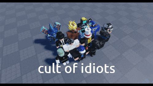 a group of roblox characters are standing in a circle with the words cult of idiots written below them