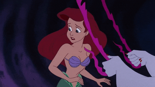 ariel from the little mermaid is tied to a purple ribbon by ursula