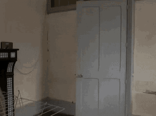 a person peeking out from behind a blue door in a room