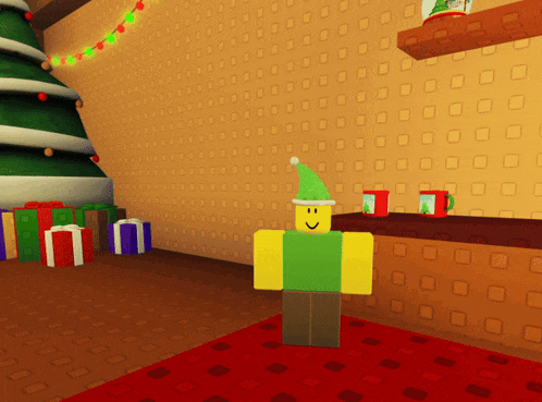 a cartoon character wearing a green elf hat stands in front of a christmas tree and gifts