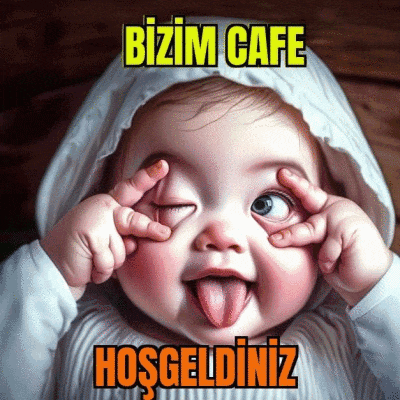 a baby making a funny face with the words bizim cafe written above