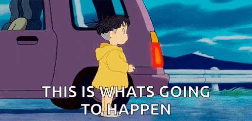 a cartoon of a boy standing next to a car with the words `` this is whats going to happen '' .