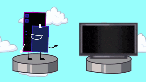 a cartoon character is standing next to a flat screen television