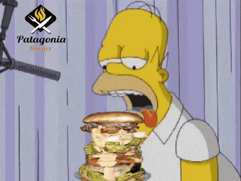 a cartoon of homer simpson eating a hamburger with patagonia burger in the background