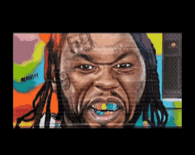 a painting of a man with dreadlocks and colorful teeth .