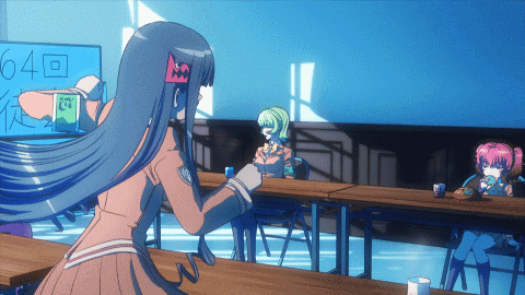a girl with long blue hair is standing in front of a sign that says 64