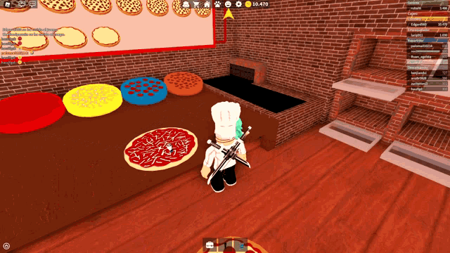 a screenshot of a video game showing a chef standing in front of a pizza oven