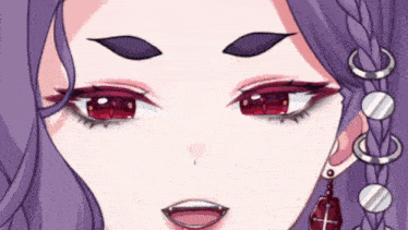 a close up of a woman 's face with red eyes