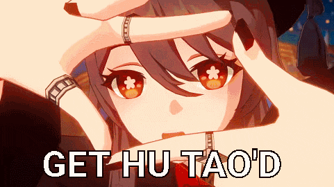 a picture of a girl with red eyes and the words get hu tao 'd below her