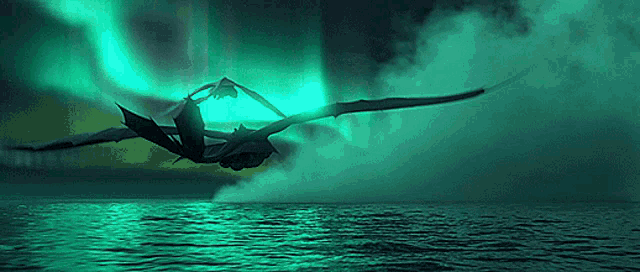 a dragon is flying over the ocean with the aurora borealis behind it