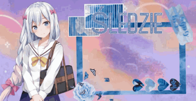 a girl with white hair and blue eyes is standing in front of a sign that says ' slozie '