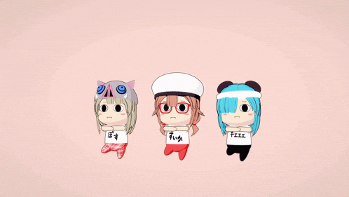 three cartoon characters are standing next to each other with one wearing a white shirt that says ' fiiii '