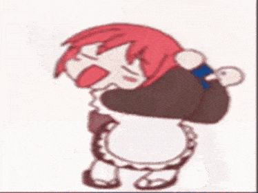 a cartoon girl with red hair is wearing a maid costume and holding a book .