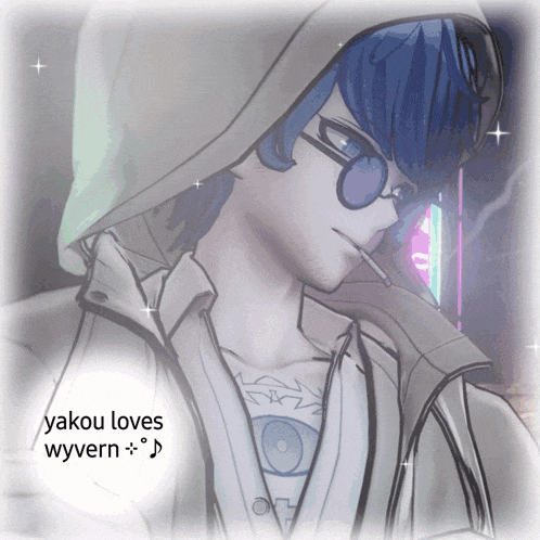 a drawing of a man with blue hair and glasses with the words " yakou loves wyvern " below him