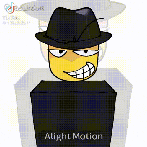 a cartoon character is wearing a fedora hat and smiling while standing next to a box that says alight motion