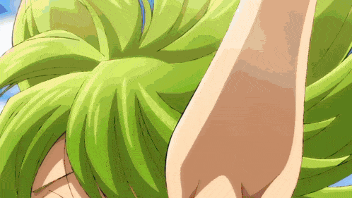 a close up of a green haired anime character