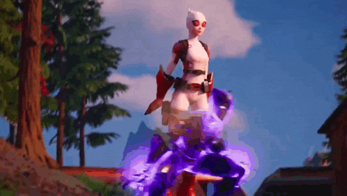 a woman in a white suit is standing on top of a purple object .
