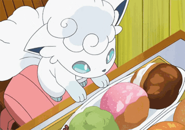 a cartoon drawing of a white cat looking at a plate of donuts