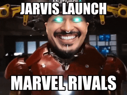 a man in a superhero costume with the words jarvis launch marvel rivals
