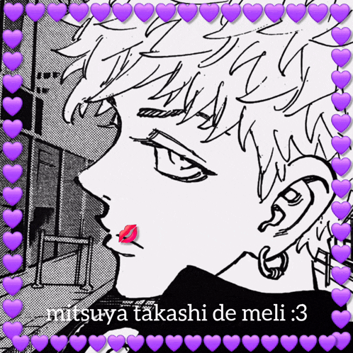 a black and white drawing of a person with purple hearts surrounding it