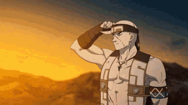 a man with a bandana on his head looks out over a sunset