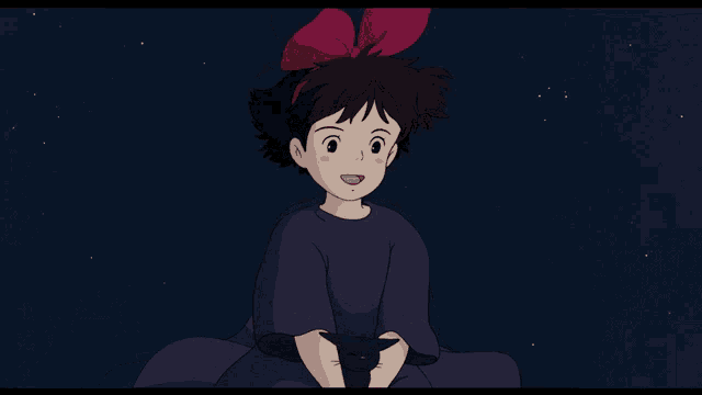 a cartoon girl with a red bow on her head holds a black cat