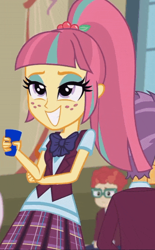 a cartoon girl with pink and blue hair holds a blue cup