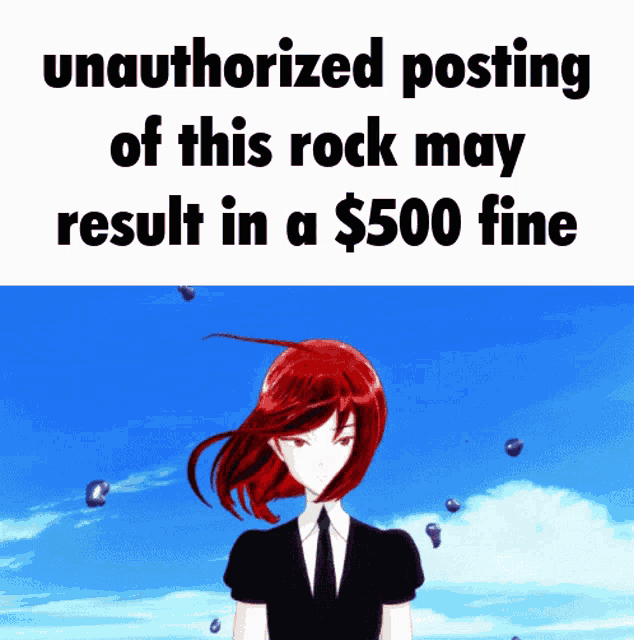 a picture of a girl with red hair and the words " unauthorized posting of this rock may result in a $ 500 fine " below her