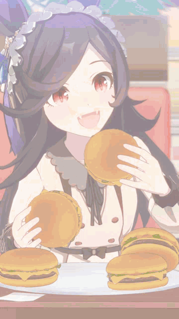 a girl in a maid outfit is eating hamburgers