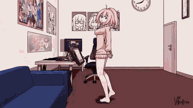 a cartoon of a girl dancing in a room with a clock on the wall that shows the time as 4:20