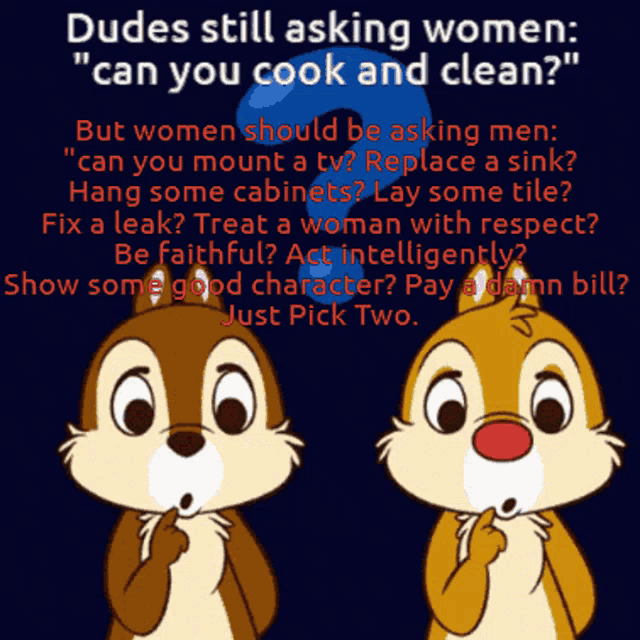 two cartoon squirrels are standing next to each other with a quote about women