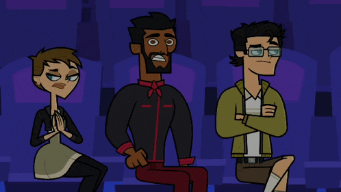 a group of cartoon characters are sitting in a dark room