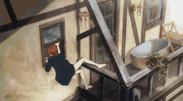 a cartoon of a woman sitting on a balcony looking out a window