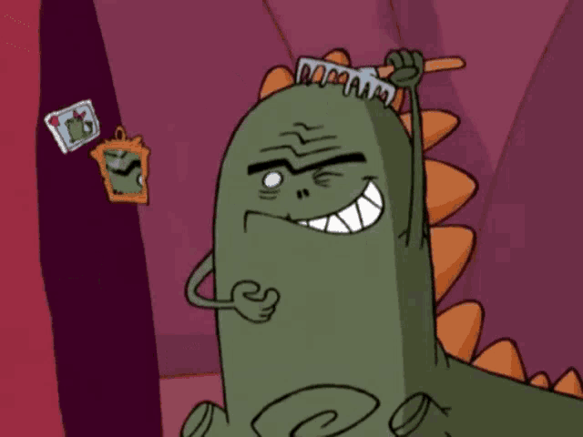 a cartoon of a dinosaur holding a comb and giving a thumbs up