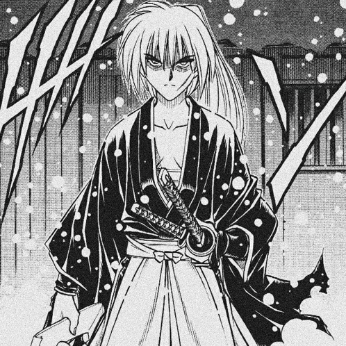 a black and white drawing of a samurai holding a sword