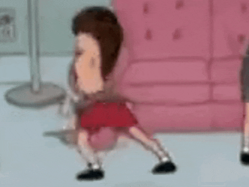a cartoon character is walking in front of a pink couch