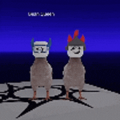 a couple of birds standing next to each other with a blue background