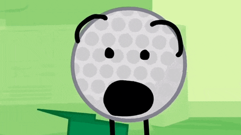 a cartoon golf ball with a sad face is standing on a green background .