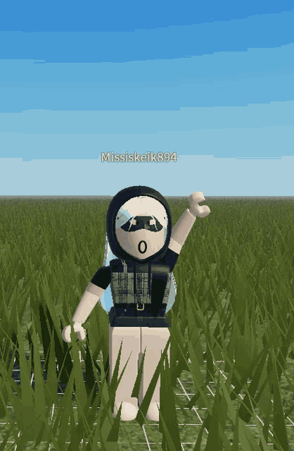 a cartoon character standing in a grassy field with the name missiskeik894 on the bottom
