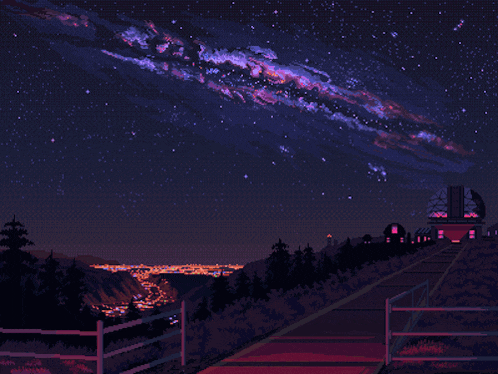 a pixel art illustration of a night sky with a shooting star