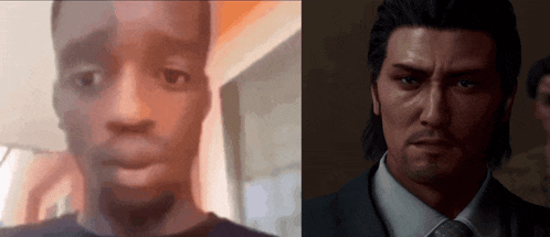 a close up of a man 's face next to a video game character 's face .