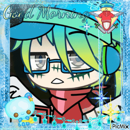 a picture of a boy with glasses and headphones with the words good morning on it