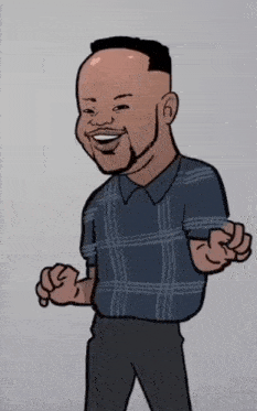 a cartoon of a man wearing a blue plaid shirt