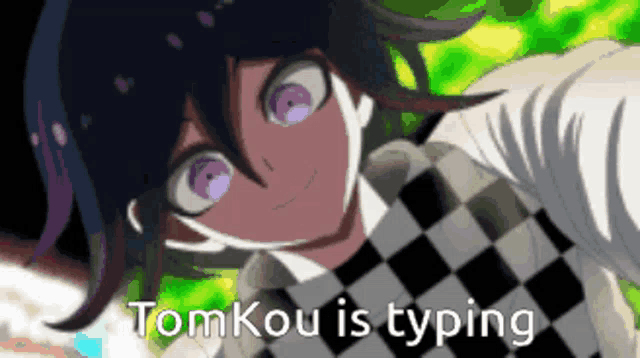 a cartoon character with purple eyes and the words tomkou is typing on the bottom