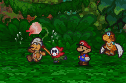 a video game scene with mario and shy guy