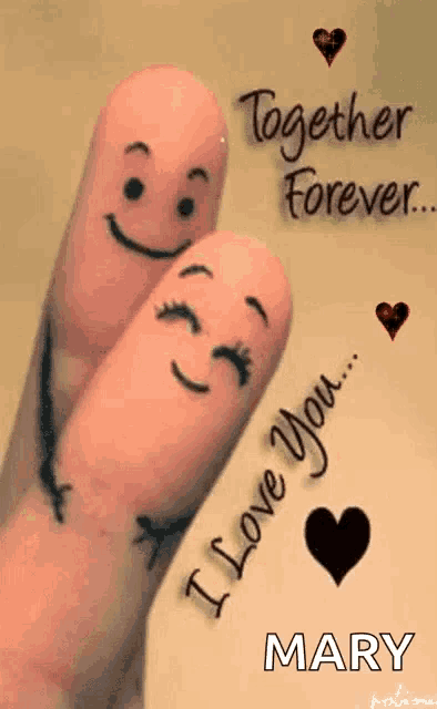a couple of fingers with smiley faces drawn on them and the words `` together forever '' .