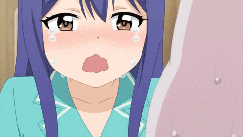 a cartoon girl with blue hair is crying and looking at something